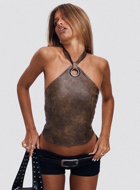 Treat You Better Ring Detail Faux Leather Top Brown Product Image