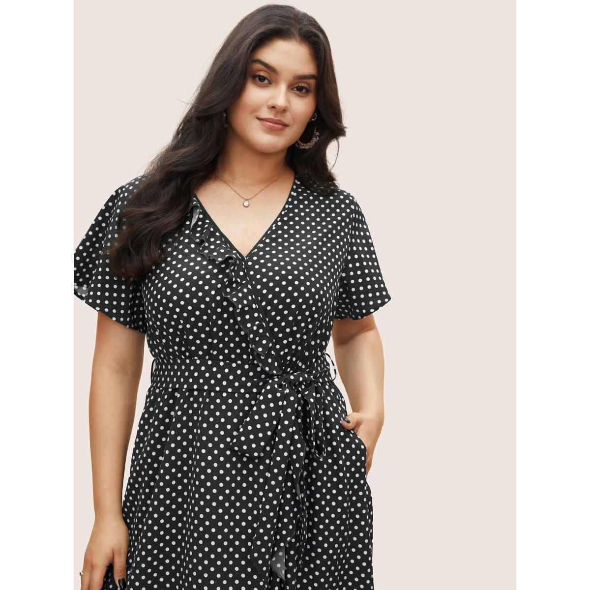 Plus Size Polka Dot Flutter Trim Belted Overlap Collar Dress Black Women Elegant Non Overlap Collar Short sleeve Curvy Midi Dress BloomChic 30/6X Product Image