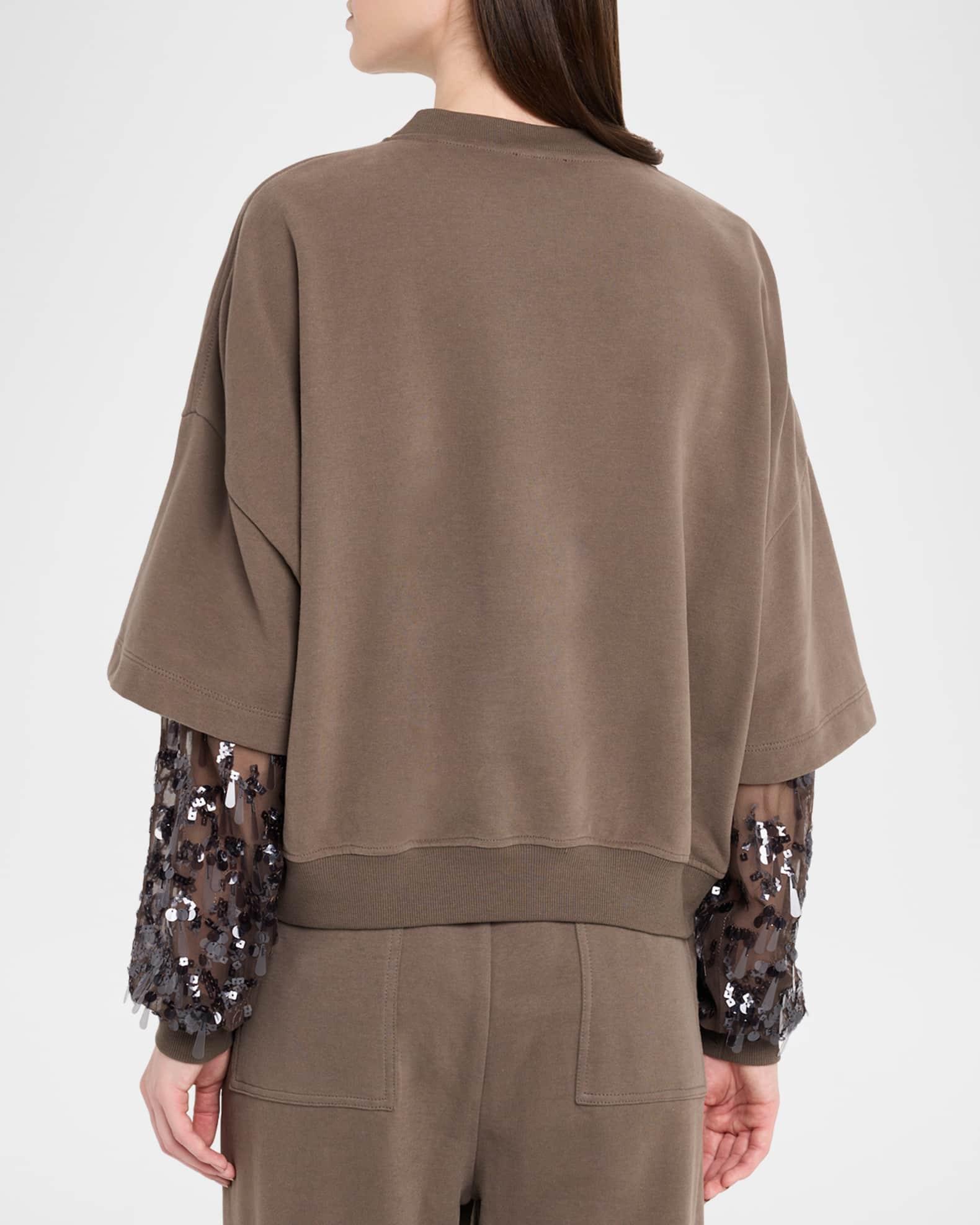 Crewneck Top with Sheer Sequined Raindrop Sleeves Product Image