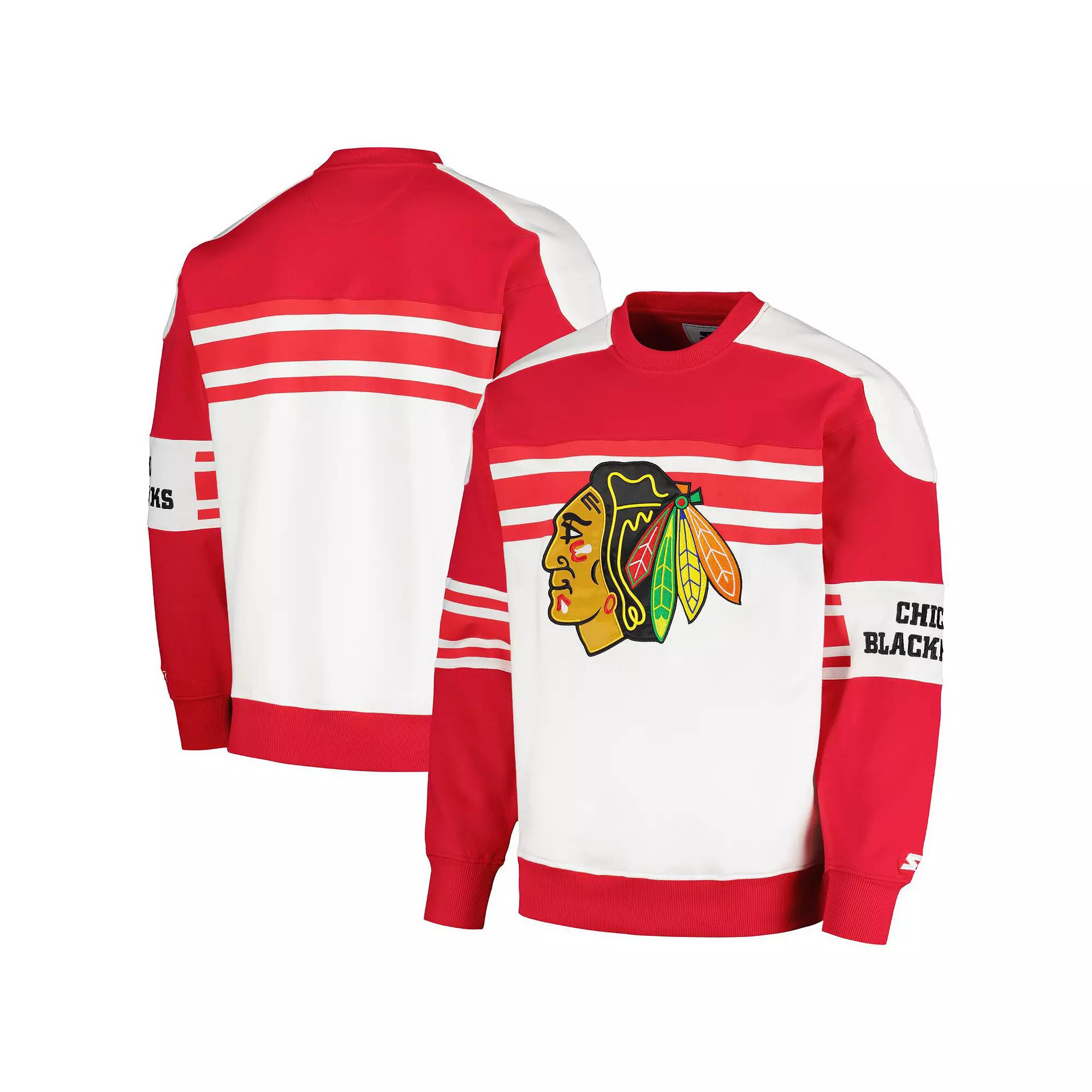 Men's Starter White Chicago Blackhawks Defense Fleece Crewneck Pullover Sweatshirt,  Product Image