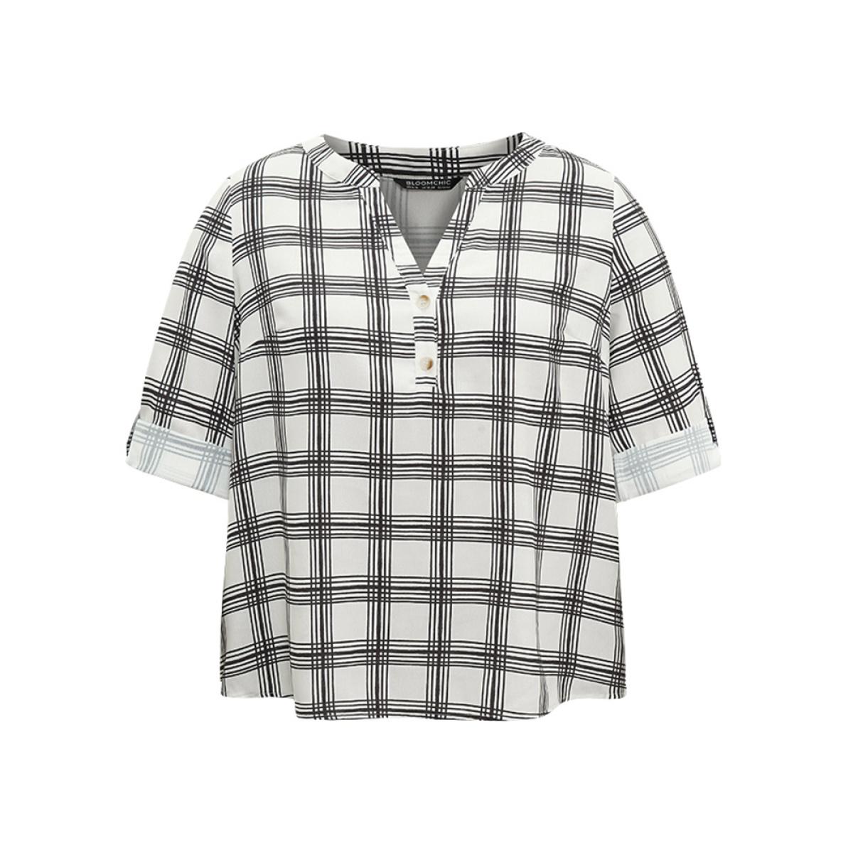 Plus Size Black Plaid Tab Sleeve Button Up Notched Blouse Women Office Long Sleeve Notched collar Office Blouses BloomChic 30/6X Product Image