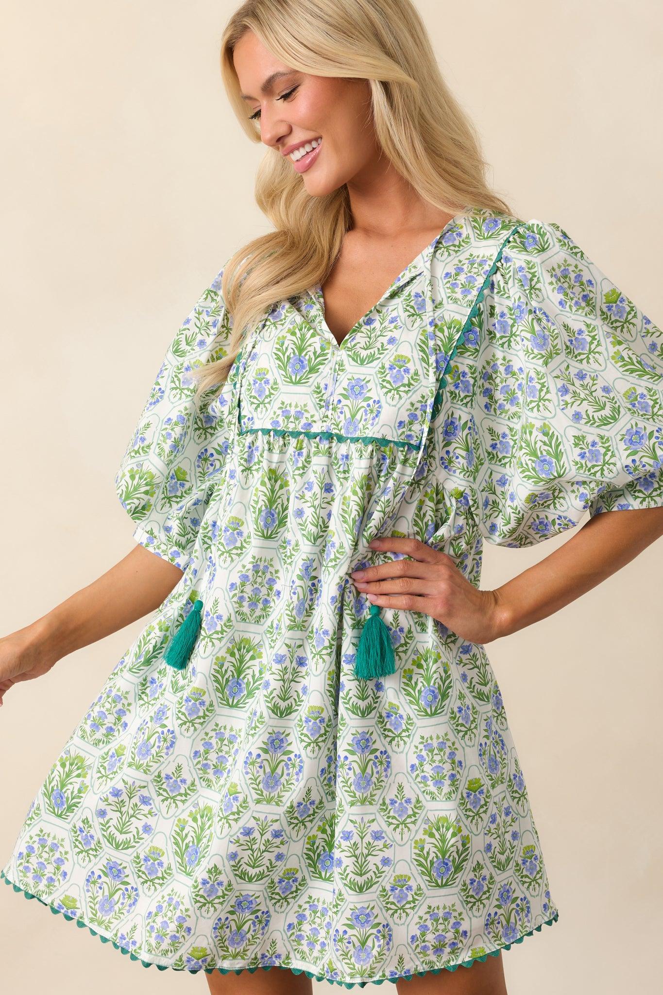 A Little Something Green Geometric Floral Cotton Mini Dress Product Image