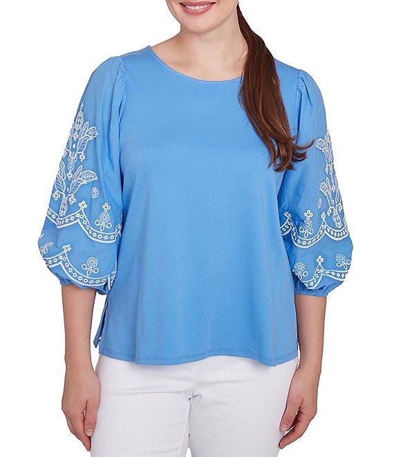 Ruby Rd. Crew Neck 3/4 Embroidery Puff Sleeve Side Slit Knit Top Product Image