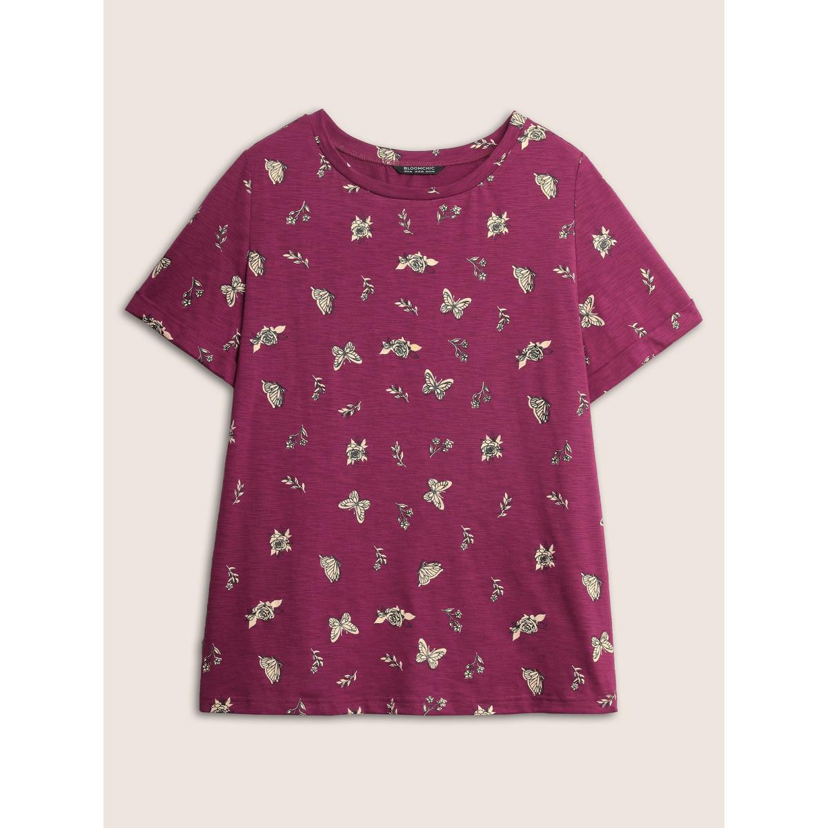 Plus Size Butterfly Print Cuffed Sleeve T-shirt Purple Women Resort Non Animal Round Neck Vacation T-shirts BloomChic 30/6X Product Image