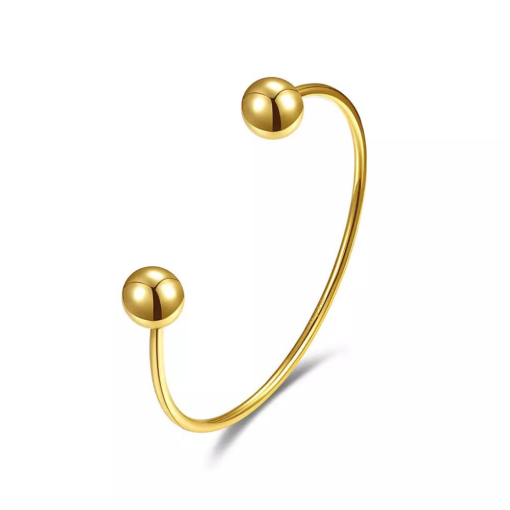14k Gold Plated Ball Capped Open Cuff Bangle Bracelet, Womens Gold Tone Product Image