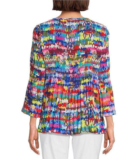 Ali Miles Woven Crinkle Chevron Ikat Print Split V-Neck 3/4 Flounce Sleeve Tunic Product Image