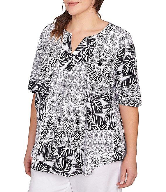 Ruby Rd. Plus Size Bali Patchwork Print Split V-Neck Short Sleeve Knit Tee Product Image