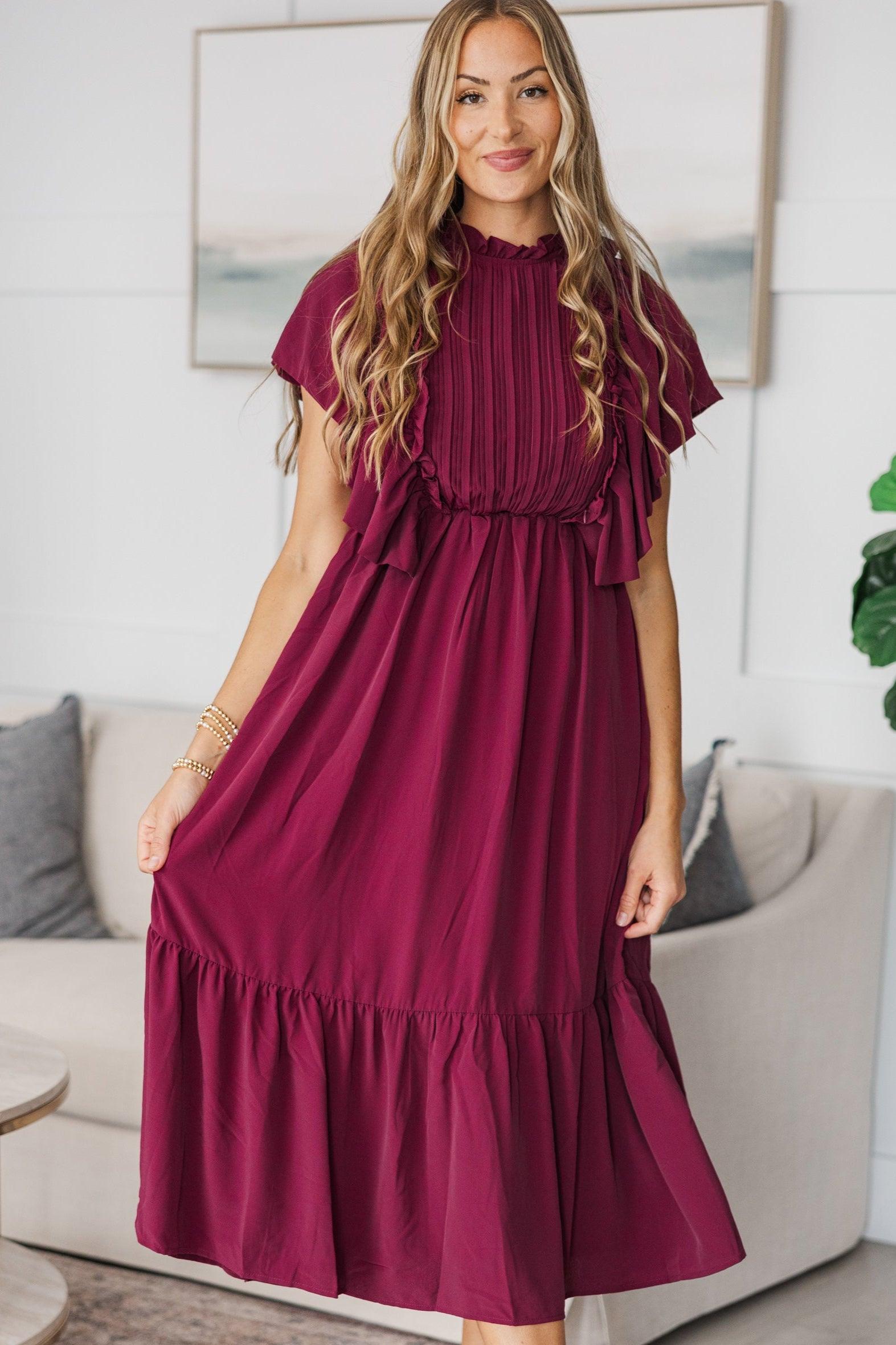 NURSING COLLECTION: All The Good Burgundy Red Ruffled Midi Dress Female Product Image