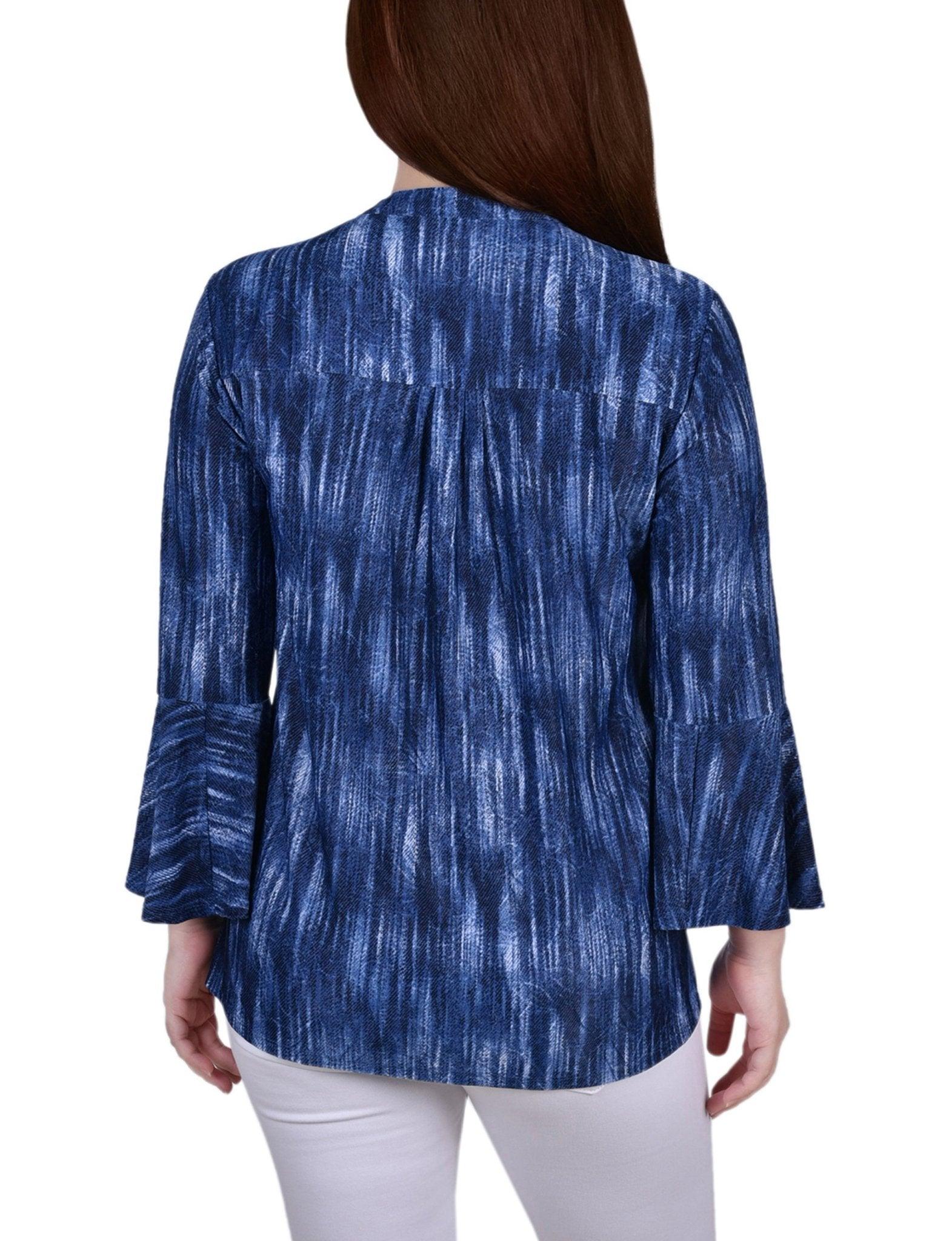 Blue Stripe 3/4 Bell Sleeve Pleat Front Y Neck Top - Petite Product Image