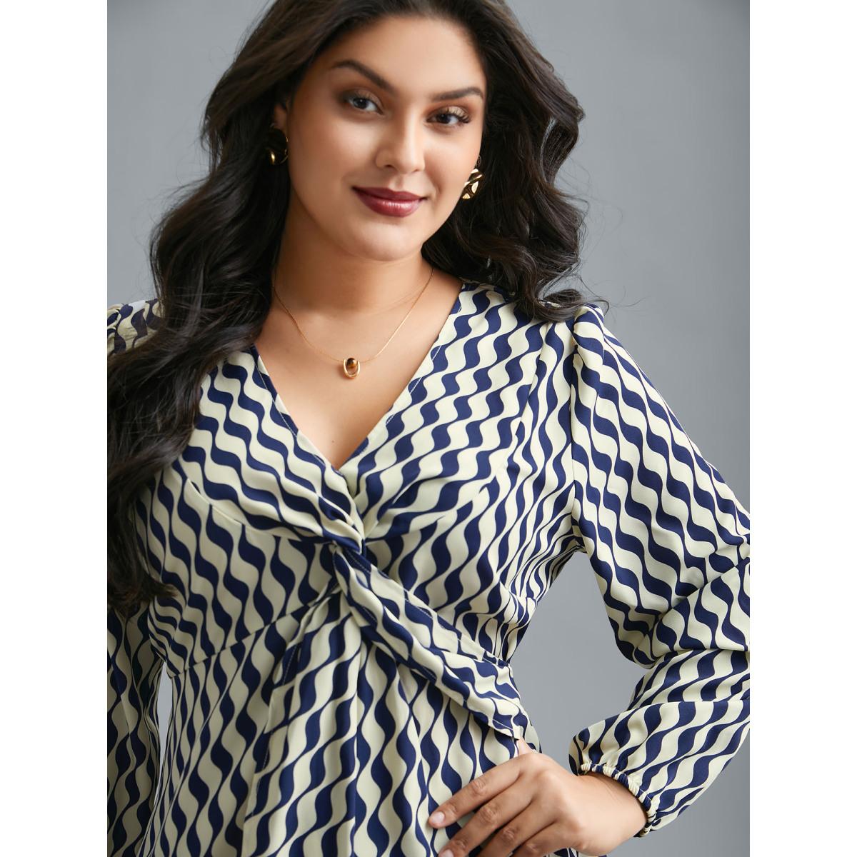 Plus Size Indigo Geometric Print Twist Front Blouse Women At the Office Extra Long Sleeve V-neck Work Blouses BloomChic 28/5X Product Image