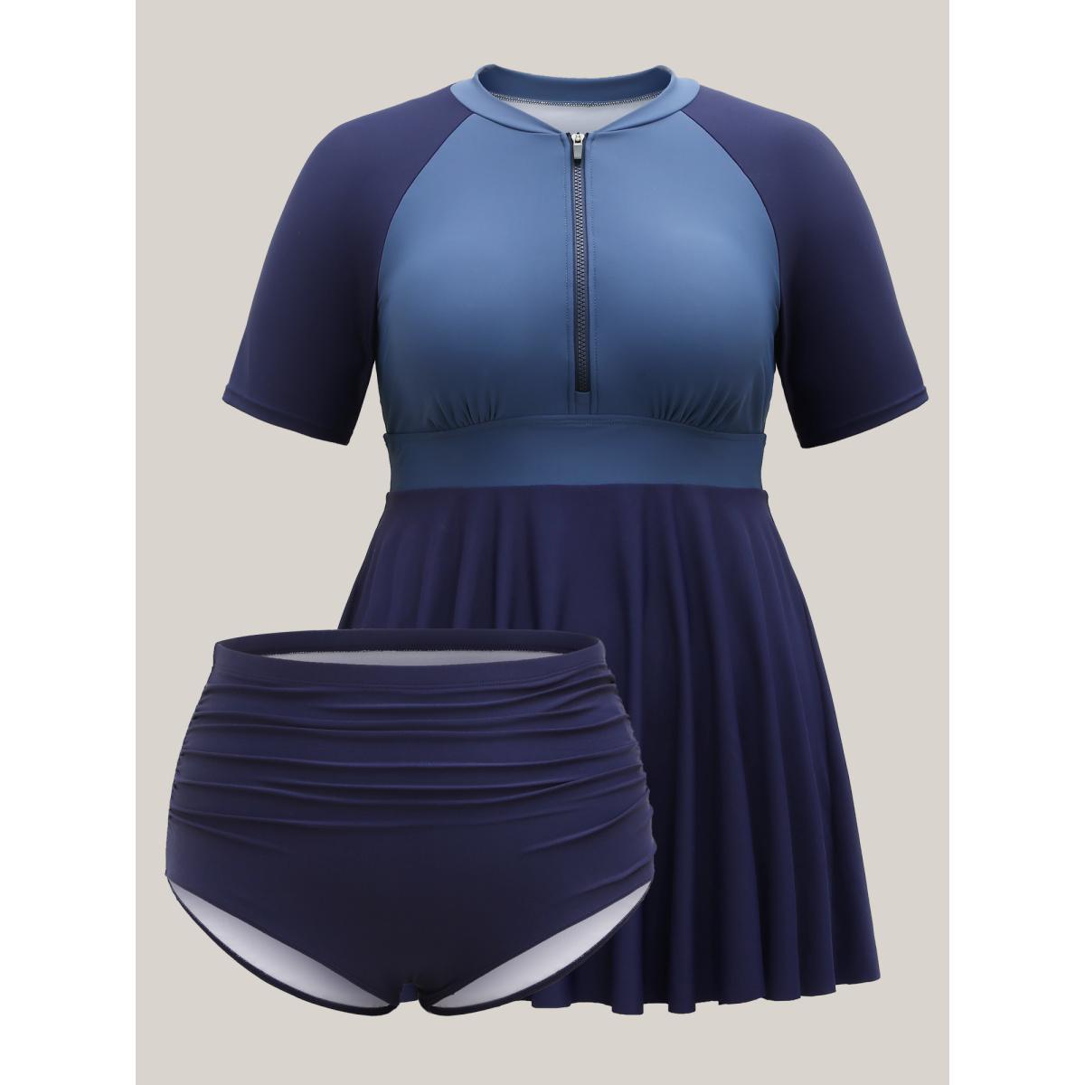 Plus Size Color Block Glide-Lock Zipper Swim Dress Women's Swimwear Indigo Resort Bodycon Round Neck High stretch Curve Swim Dresses BloomChic 26/4X Product Image