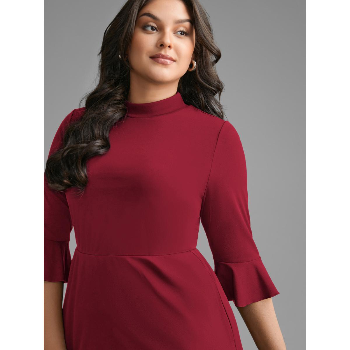 Plus Size Mock Neck Flutter Sleeve Knit Dress Scarlet Women At the Office Ruffles Knit Dresses Bloomchic 28/5X Product Image