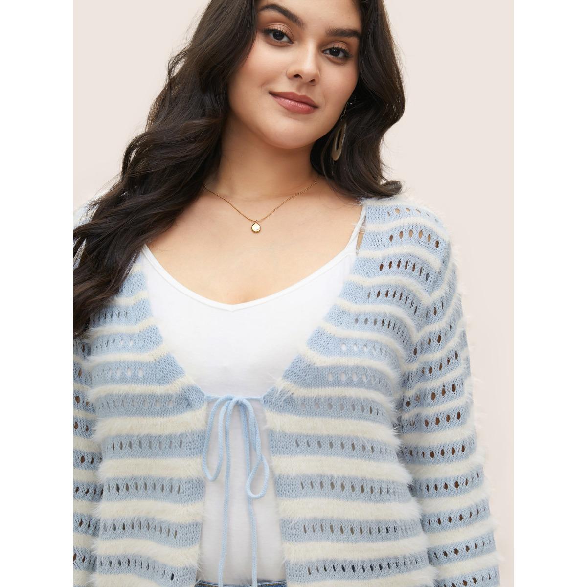 Plus Size Striped Contrast Ties Front Eyelet Cardigan LightBlue Women Casual Long Sleeve Everyday Cardigans BloomChic 10/M Product Image
