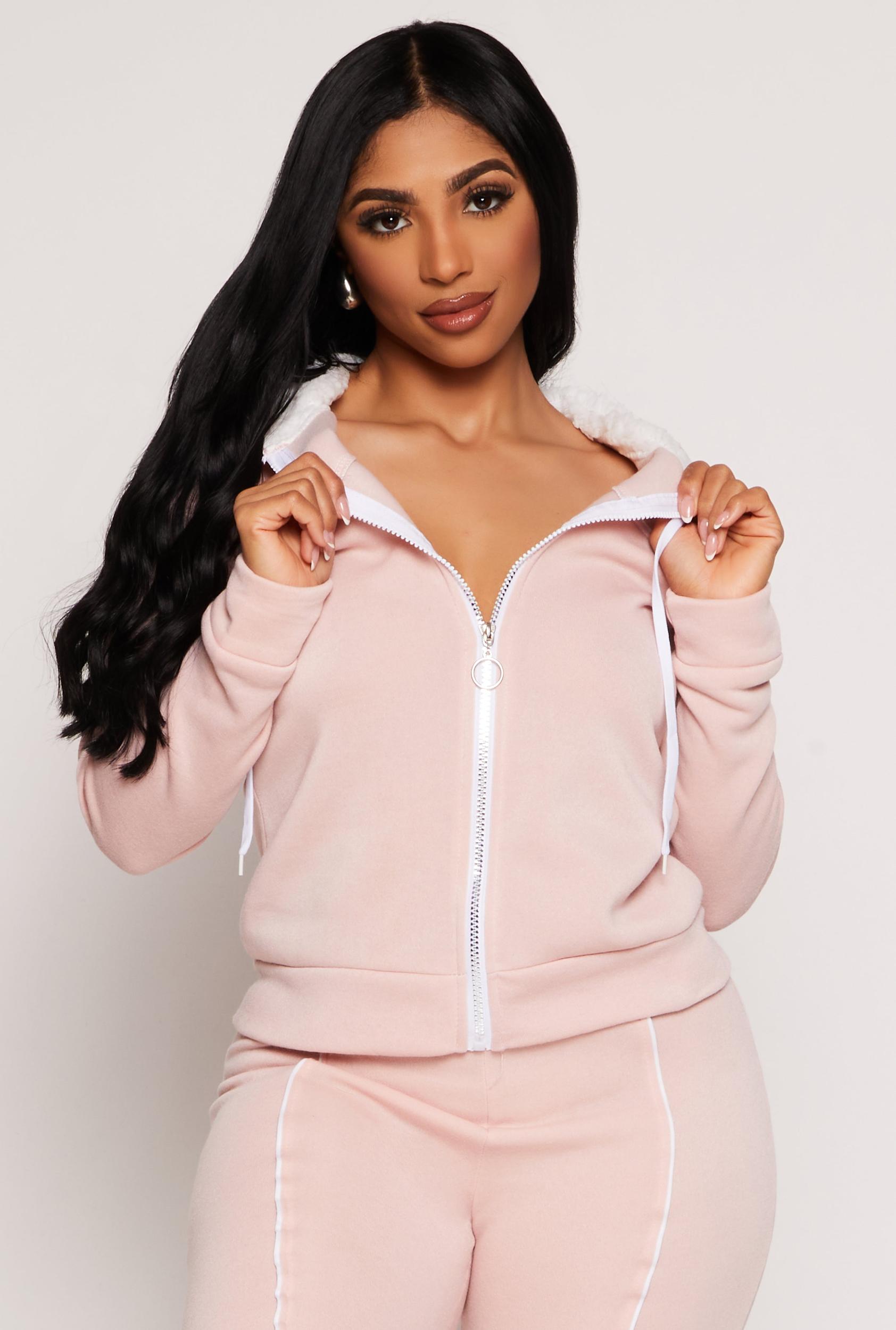 Womens Contrast Piping Zip Sherpa Hooded Sweatshirt Product Image