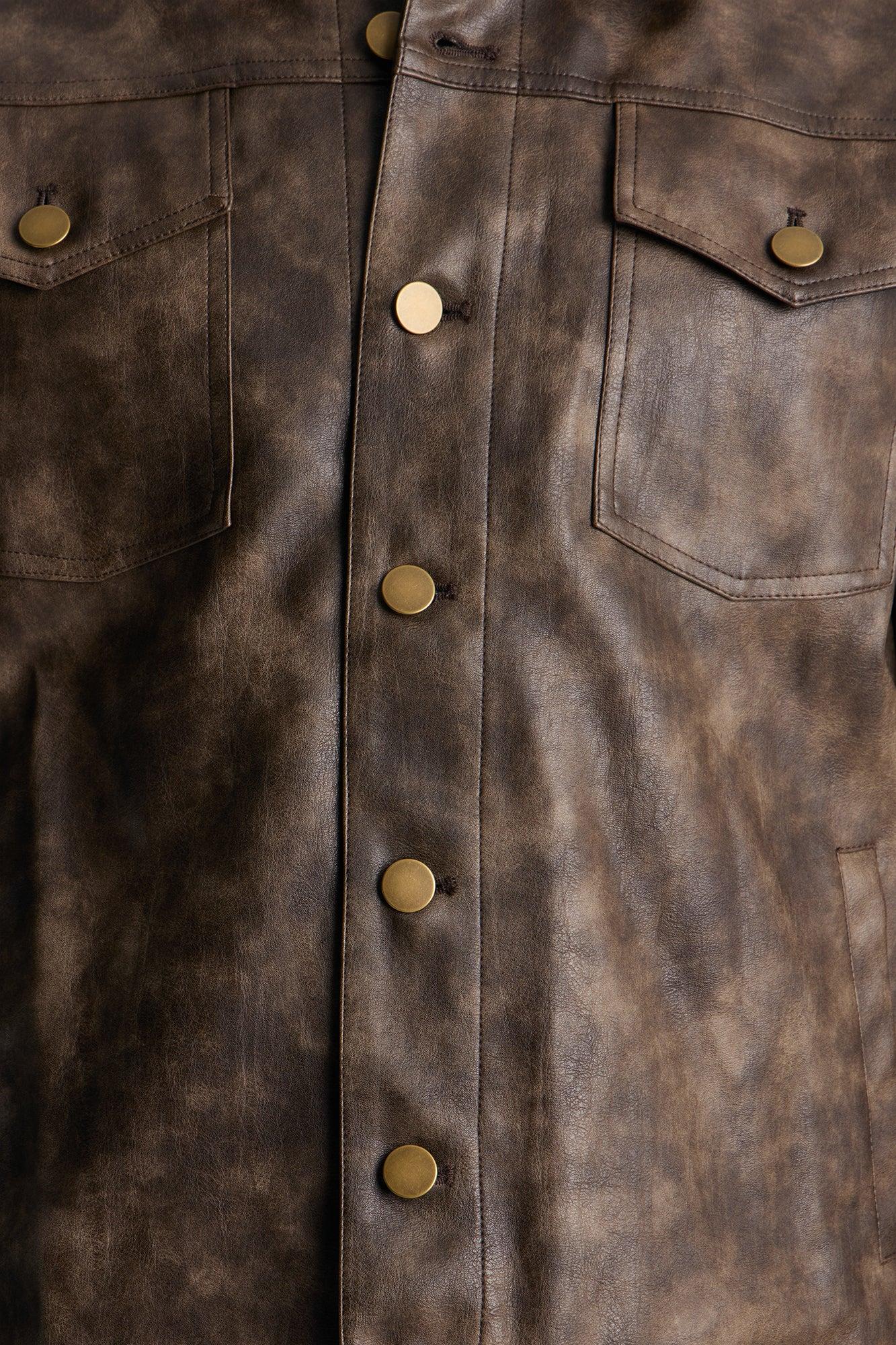 Stone Grained Faux Leather Trucker Jacket - Brown Male Product Image