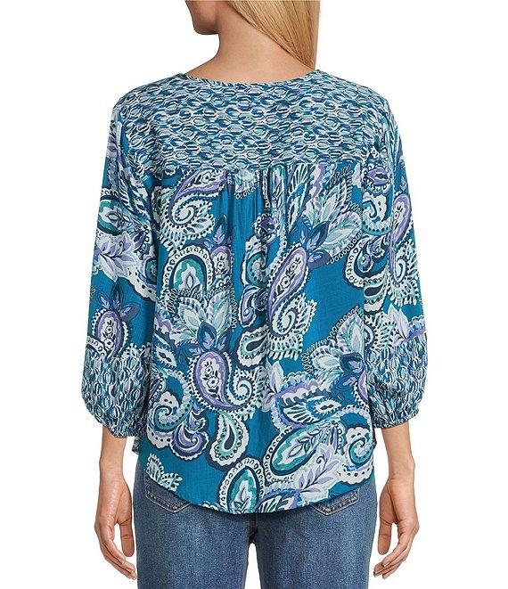Westbound Woven Celestial Spice Mix Paisley 3/4 Sleeve V-Neck Tie Top Product Image