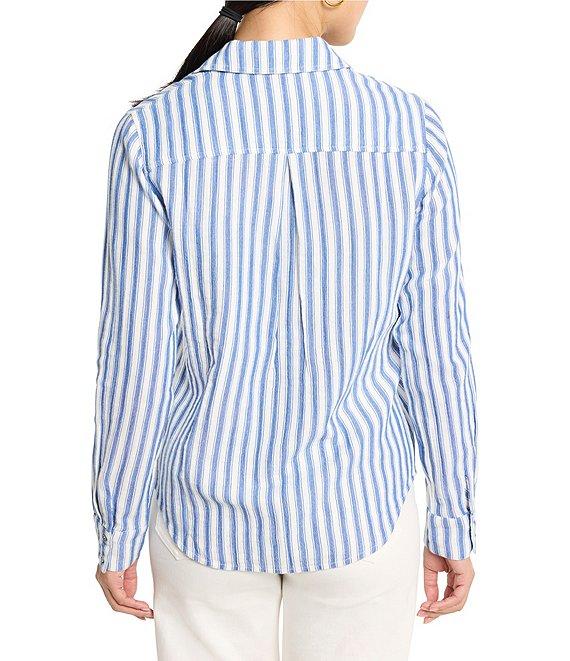 NIC + ZOE Double Gauze Stripe Print Point Collar Long Sleeve Button Front Shirt Product Image