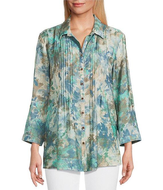 Multiples Crinkle Woven Printed Point Collar 3/4 Cinched Roll Tab Cuff Sleeve Button Front Shirt Product Image