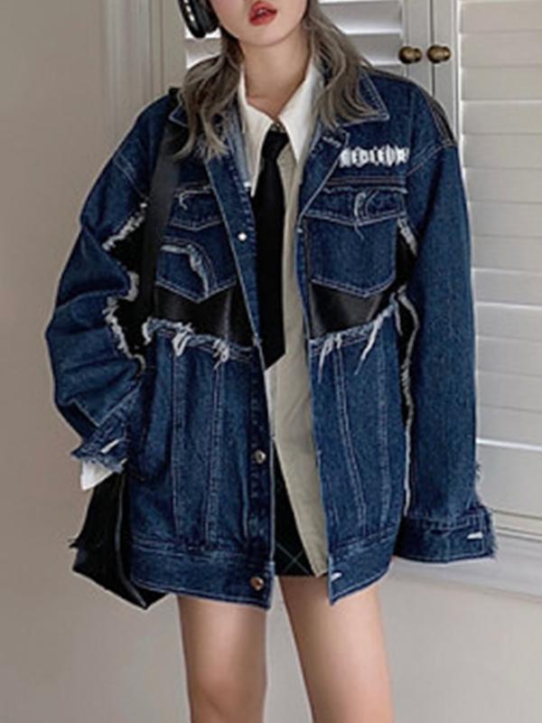 Leather Splice Raw Trim Denim Jacket Product Image