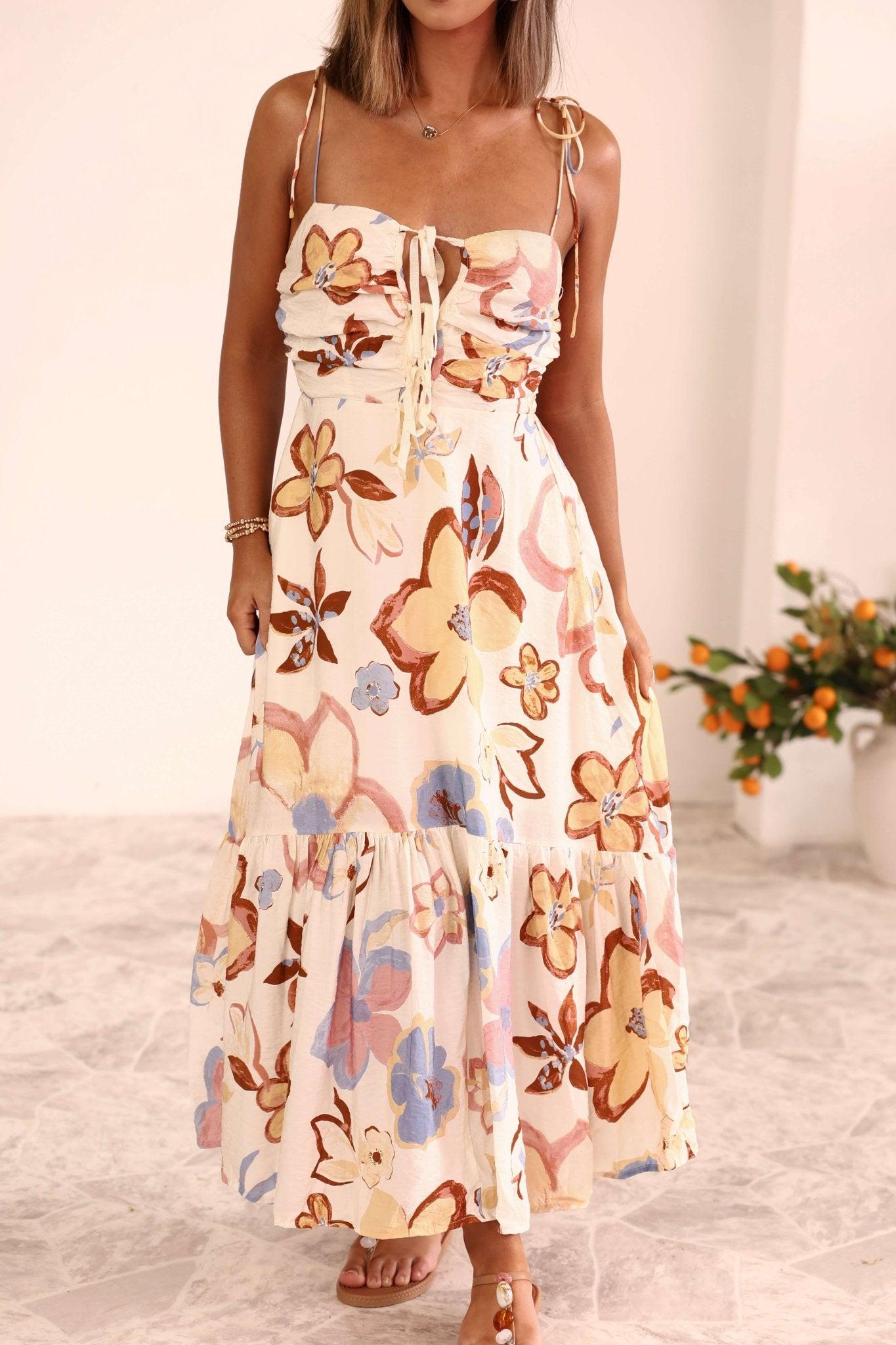 Cream Floral Print Tie Strap Midi Dress - FINAL SALE Female Product Image