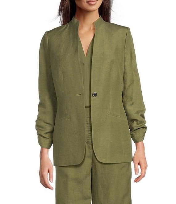 Calvin Klein Linen Blend Stand Collar 3/4 Sleeve One-Button Jacket Product Image
