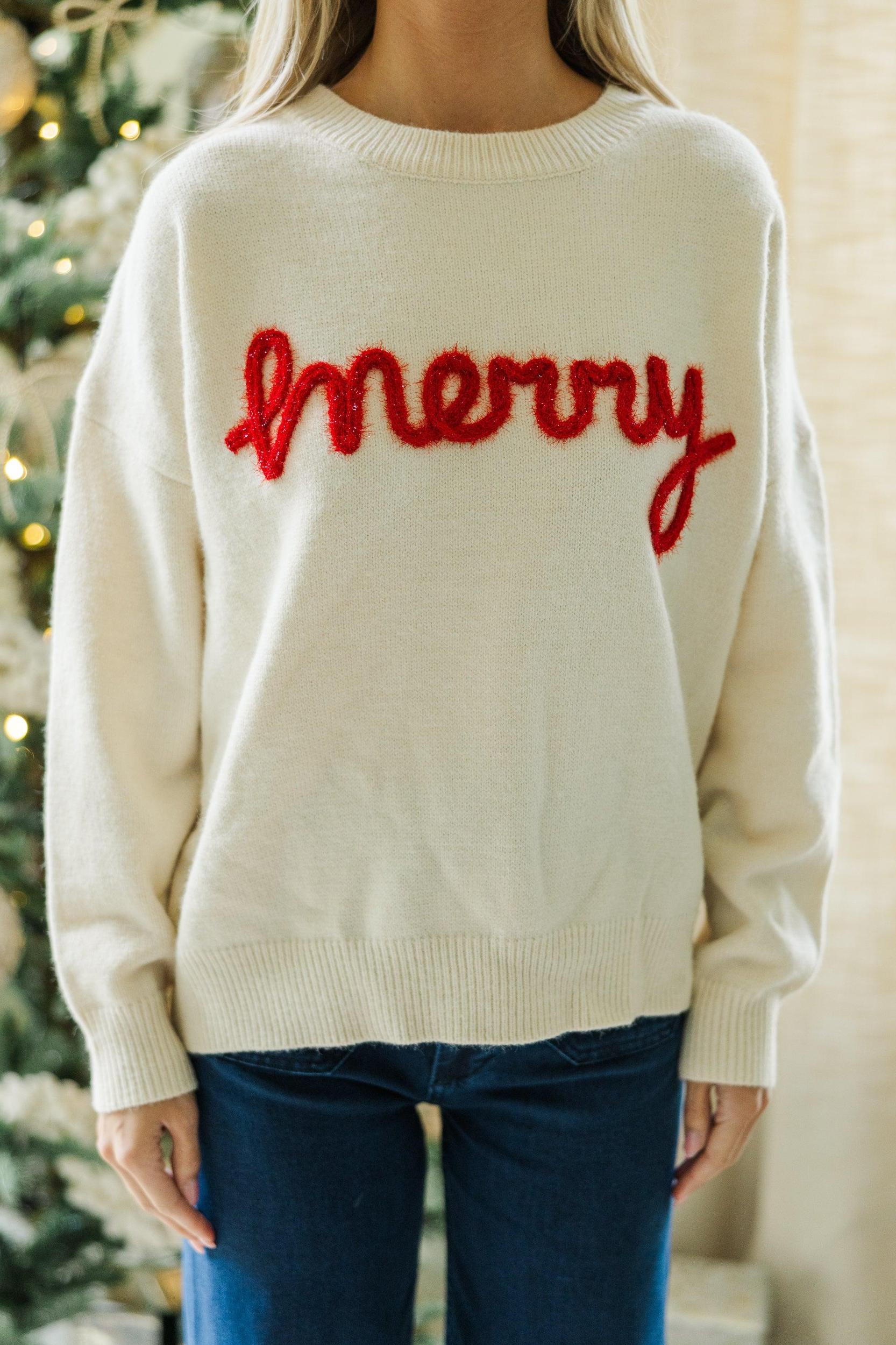 Be Merry Cream White Script Sweater Female Product Image
