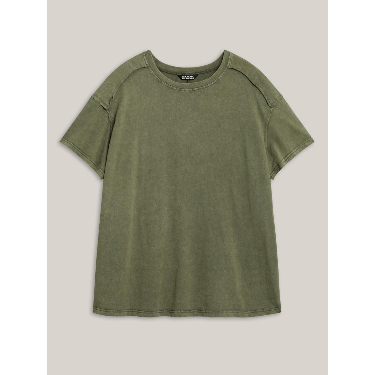 Plus Size Cotton Vintage Frayed Hem Crew Neck T-Shirt ArmyGreen Women Leisure Tucked seam Round Neck Casual T-shirts BloomChic 18-20/2X Product Image