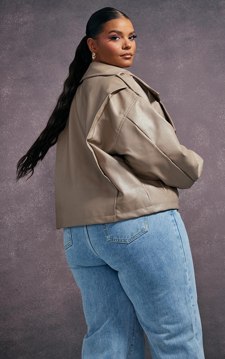 Plus Taupe Faux Leather Quilted Lining Oversized Biker Jacket Product Image