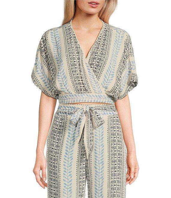 Angie Printed Surplus V-Neck Flutter Sleeve Wrap Cropped Top Product Image