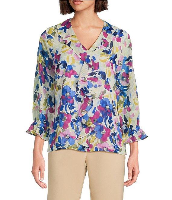 Investments Riley Woven Painted Garden Cascading Ruffle V-Neck 3/4 Sleeve Top Product Image