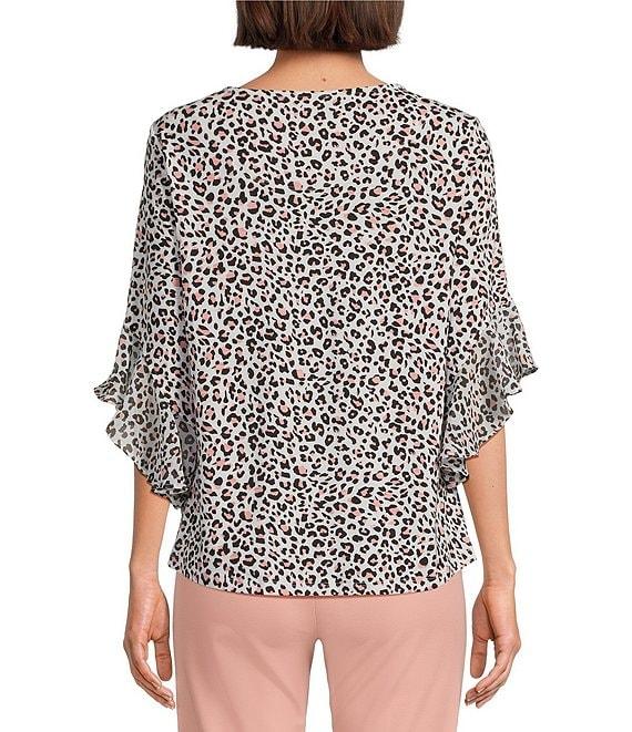 Multiples Slub Knit Georgette Animal Print Scoop Neck 3/4 Flounce Sleeve Fitted Top Product Image