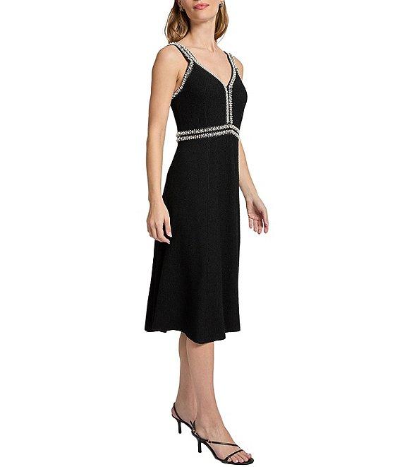 Ming Wang Embellished Deep V-Neck Sleeveless A-Line Midi Dress Product Image