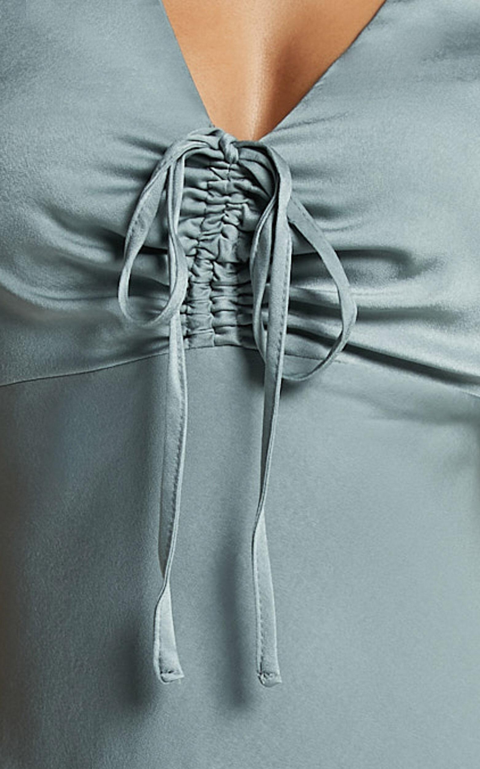 Nicholla Midi Dress - Ruched Front Angel Sleeve Slip Dress in Sage Product Image