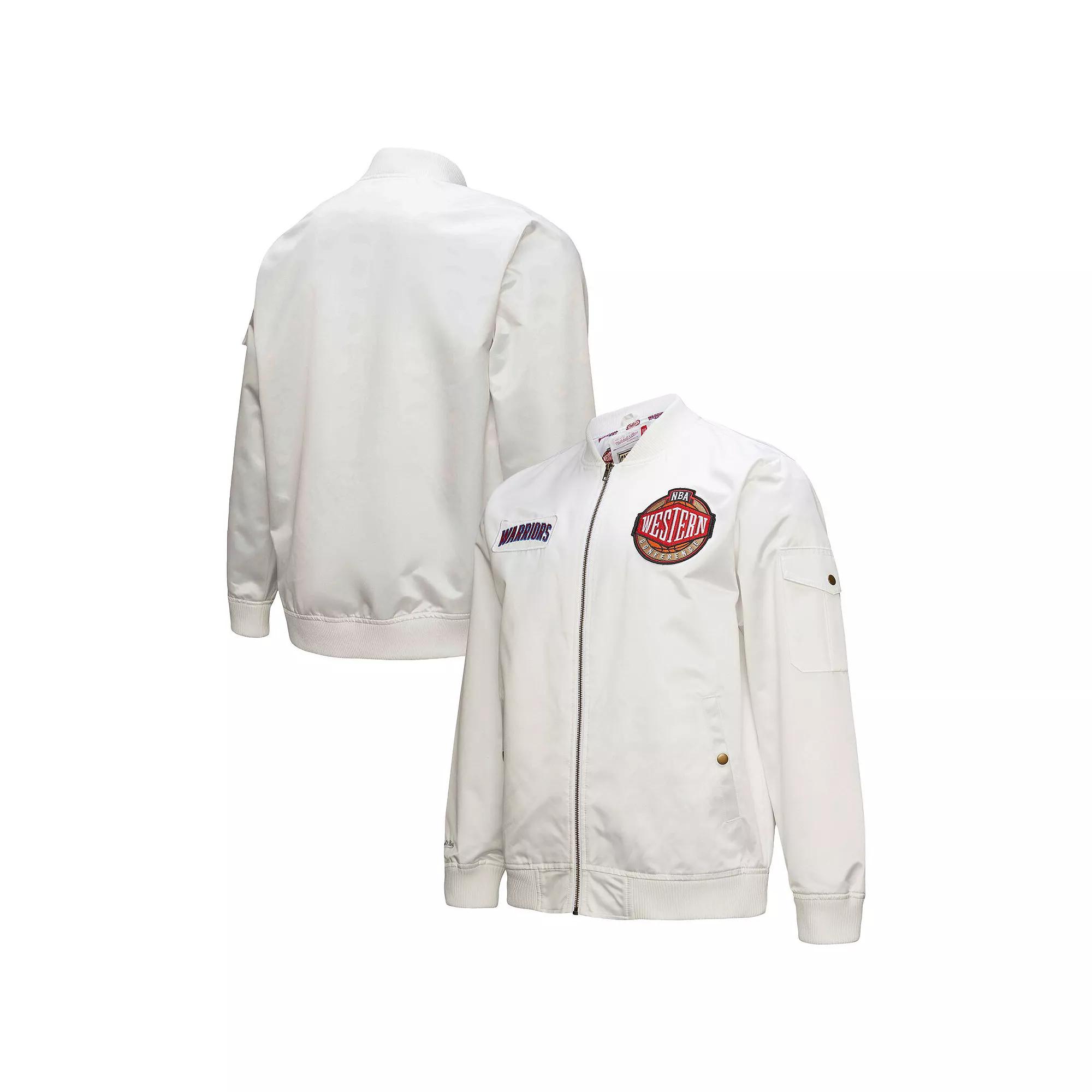 Men's Mitchell & Ness White Golden State Warriors Hardwood Classics Nights Team Leader Satin Full-Zip Jacket,  Product Image