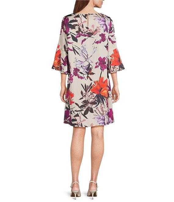 Caroline Rose Bella Floral Print Satin Round Neck 3/4 Bell Sleeve Shift Dress Product Image