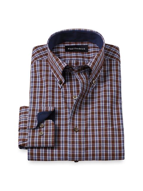 Non-Iron Cotton Plaid Dress Shirt With Contrast Trim - Brown/blue Product Image