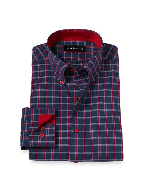 Non-Iron Cotton Plaid Dress Shirt With Contrast Trim - Navy/red Product Image