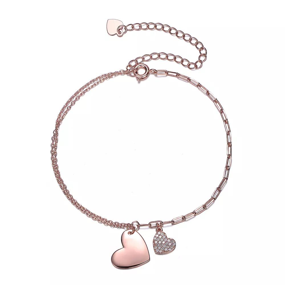 18k Gold Plated Cubic Zirconia Double Heart Charm Bracelet, Womens Pink Product Image