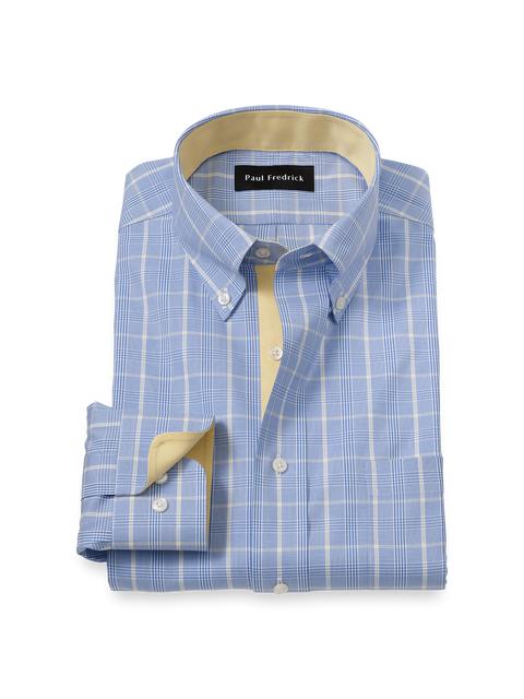 Comfort Stretch Non-Iron Glen Plaid Dress Shirt With Contrast Trim - Blue Product Image