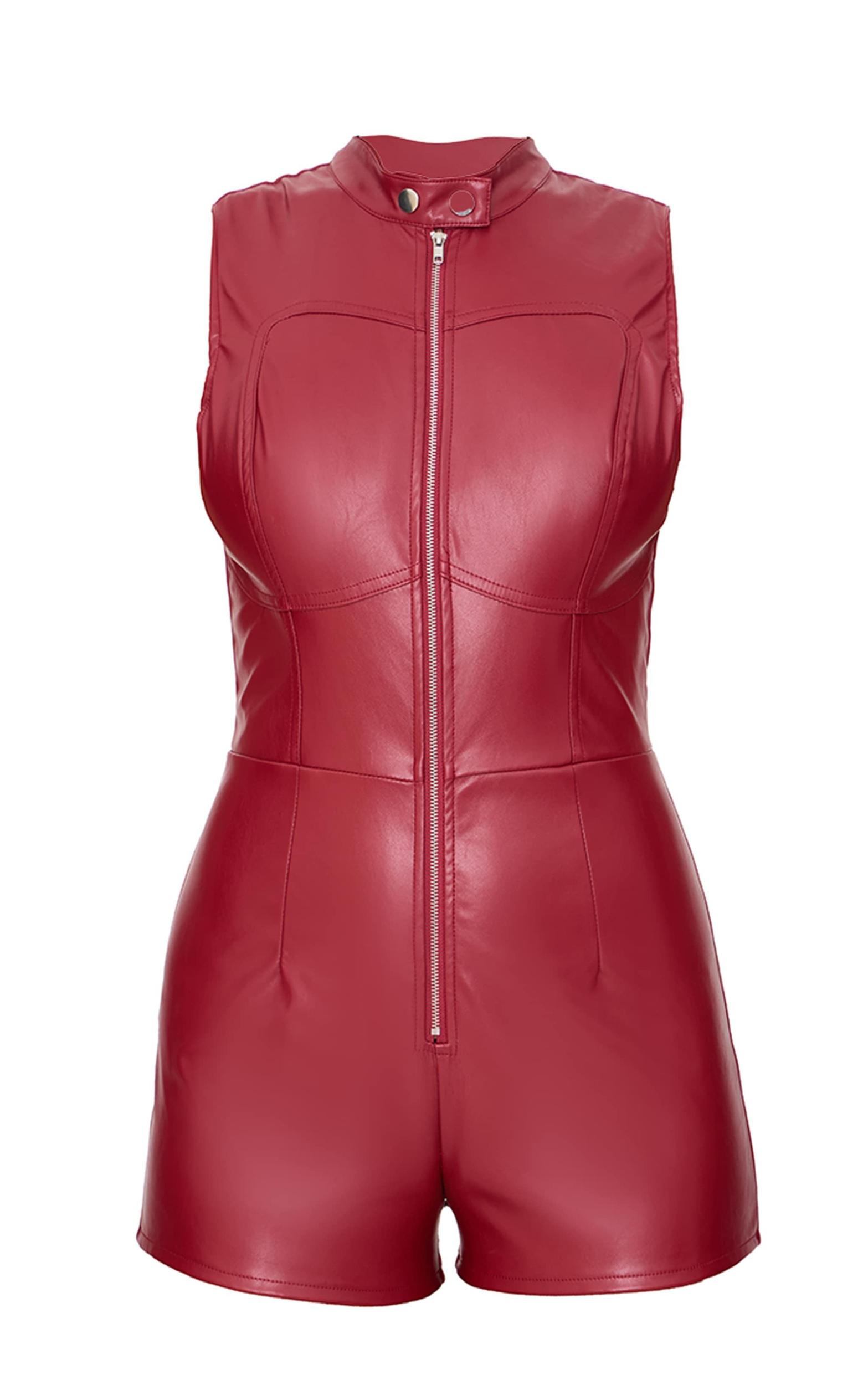 Burgundy Faux Leather Zip Up Sleeveless Romper Product Image