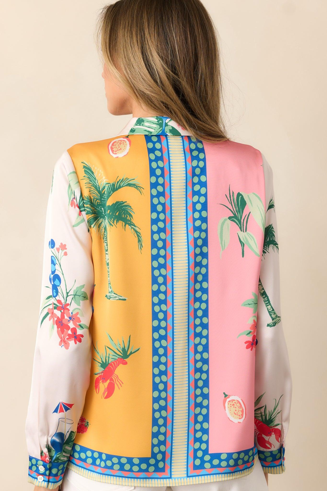 Breathing Deep Yellow Colorblock Coastal Print Drawstring Pants Product Image