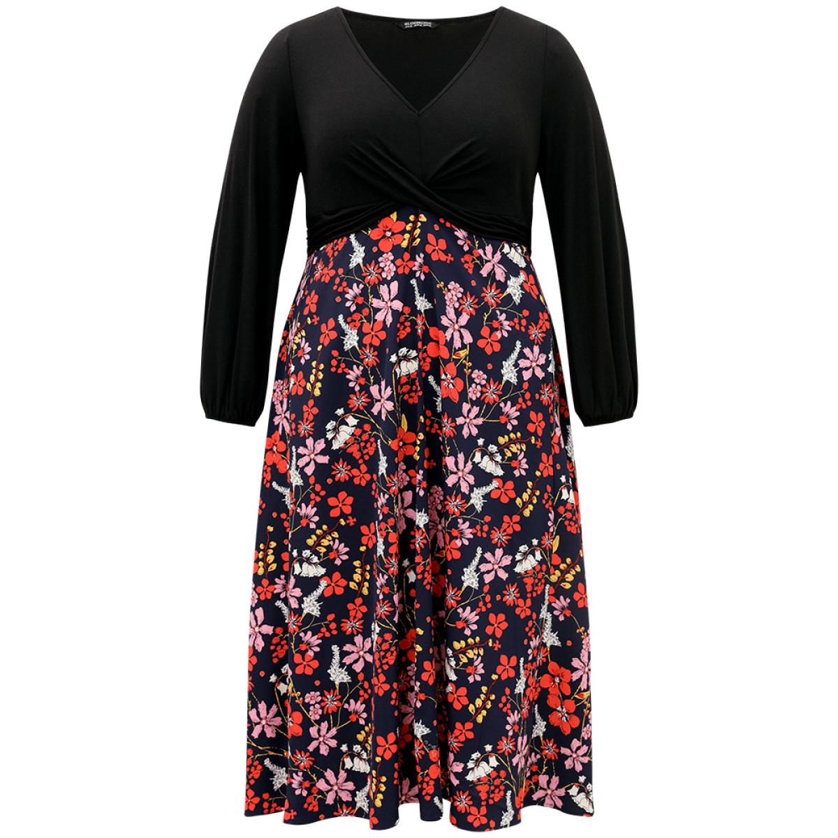 Plus Size Floral Patchwork Crossover Pocket Dress Black Women Elegant Elastic cuffs V-neck Long Sleeve Curvy Midi Dress BloomChic 12/L Product Image