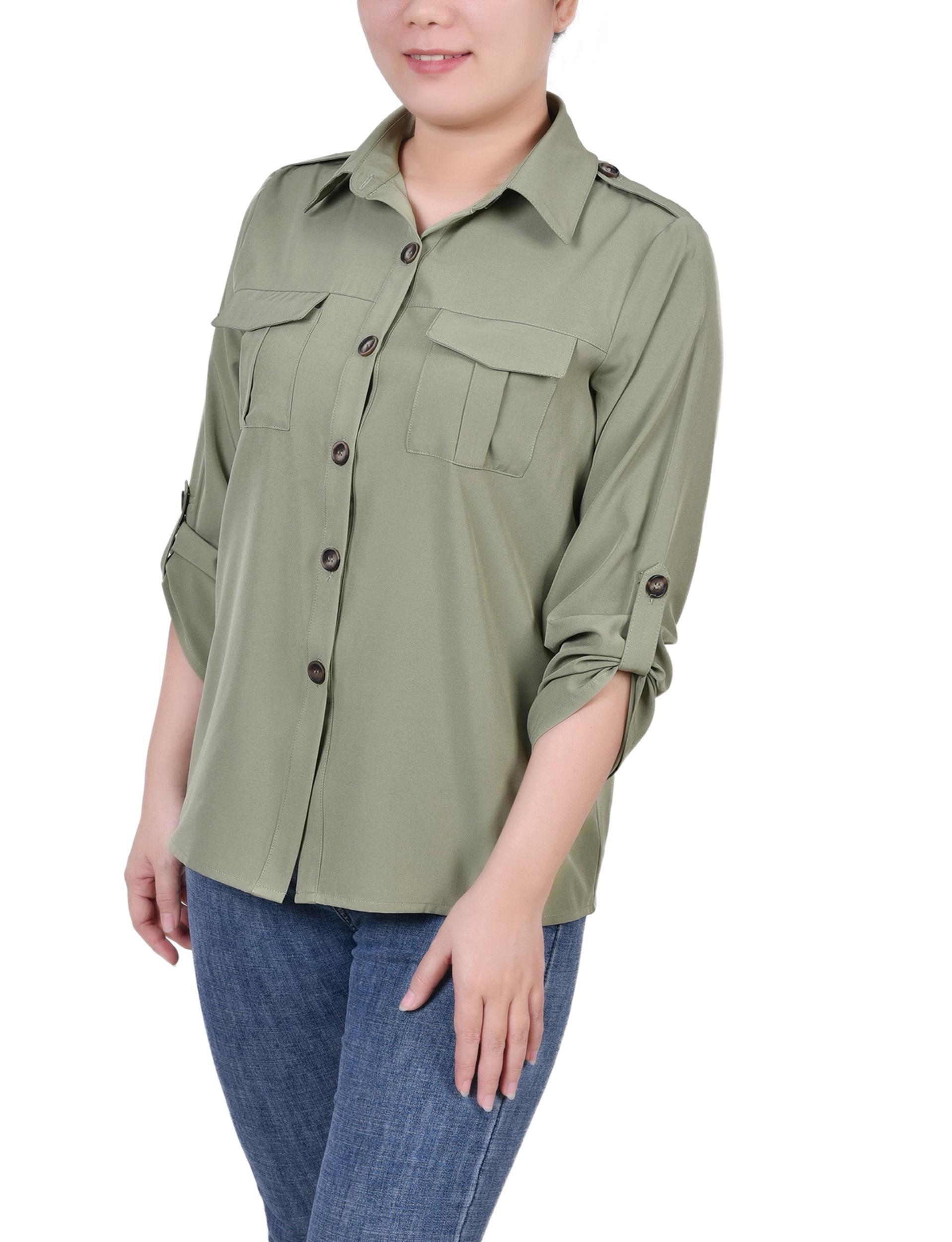 Oil Green 3/4 Sleeve Roll Tab Blouse Product Image