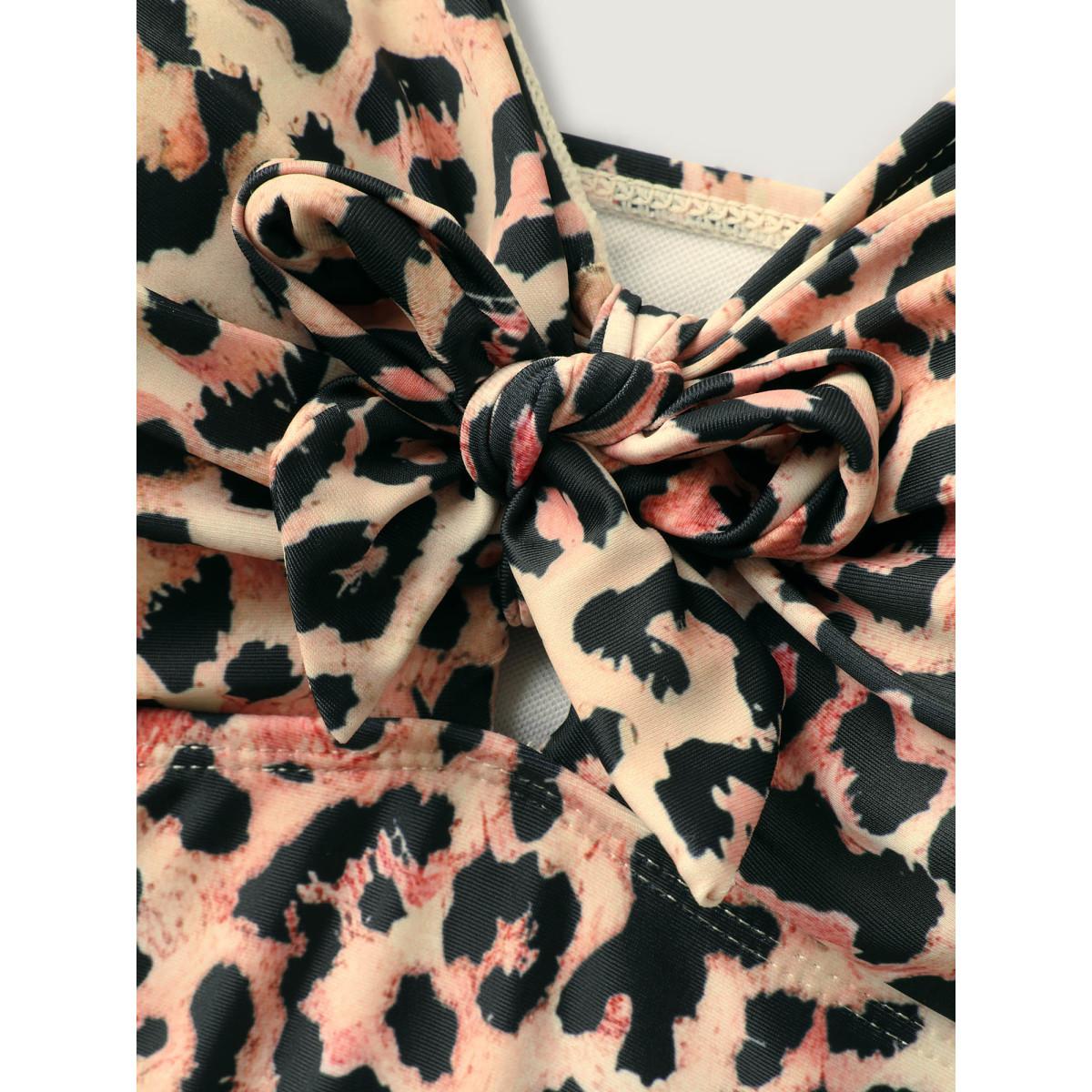 Plus Size Leopard Print Knotted Front Swim Top Women's Swimwear Black Beach High stretch Skinny Heart neckline Curve Swim Tops BloomChic 12/L Product Image