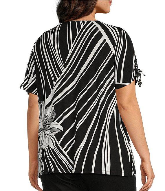 Allison Daley Plus Size Hibiscus Wave Print Short Ruched Tie Sleeve Square Neck Knit Top Product Image