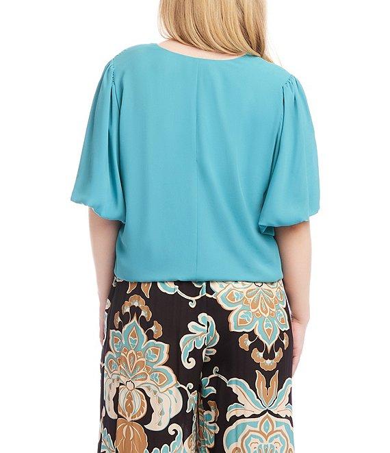 Karen Kane Plus Size Silky Crepe V-Neck Short Puff Sleeve Top Product Image