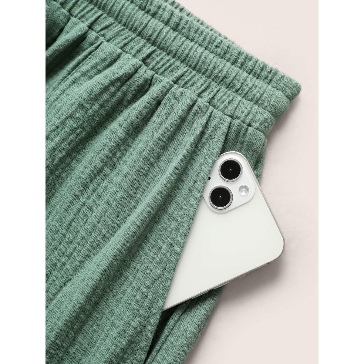 Plus Size Plain Textured Drawstring Wide Leg Pants Women Emerald Casual Wide Leg Mid Rise Everyday Pants BloomChic 10/M Product Image