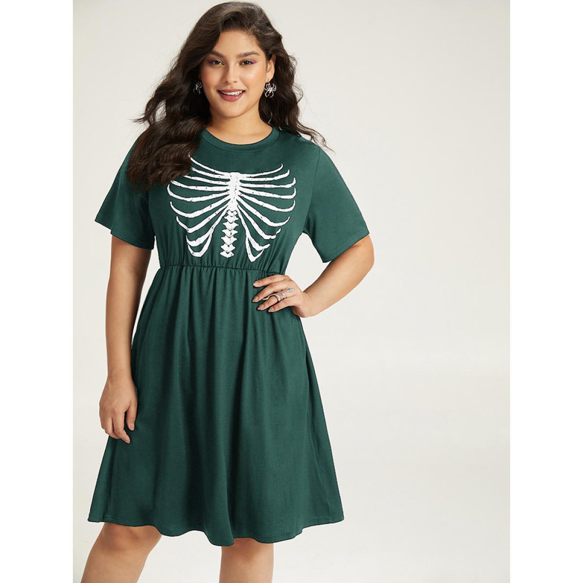 Plus Size Halloween Skull Print Pocket Elastic Waist Dress DarkGreen Women Casual Gathered Curvy Midi Dress BloomChic 10/M Product Image