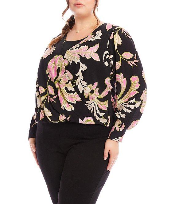 Karen Kane Plus Size Woven Floral Surplice V-Neck Long Sleeve Layered Drape Front Coordinating Blouse Product Image
