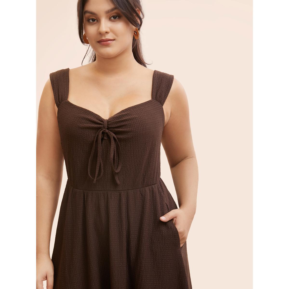 Plus Size Tie Neck Sleeveless Ruched Pocket Dress Browncoffeecolor Women Elegant Tie knot Heart neckline Sleeveless Curvy BloomChic 14-16/1X Product Image
